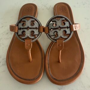 Tory Burch Brown Camel Women’s Leather Miller Pave Crystal Silver Sandals Sz 9.5